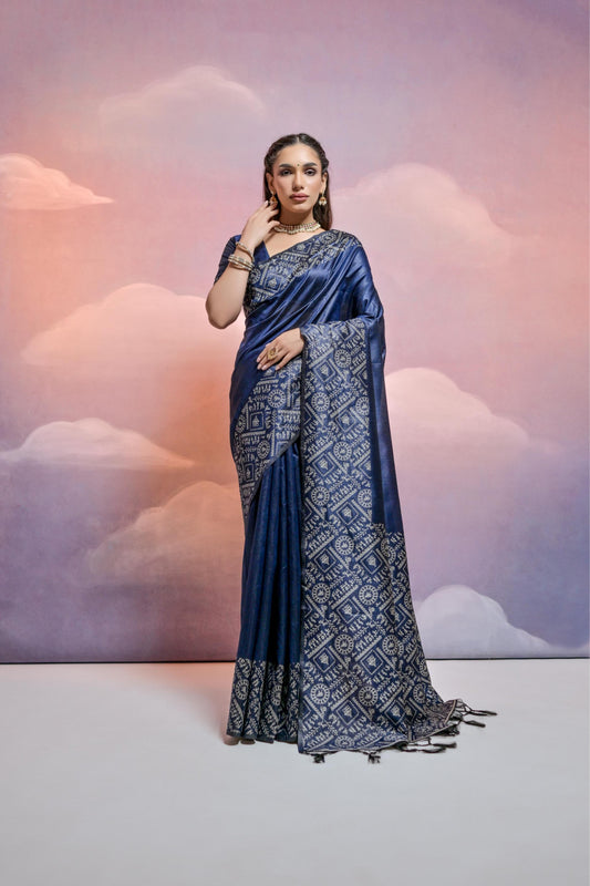 Navy Blue Color Handloom Raw Silk Saree With Contrast Weaving Work
