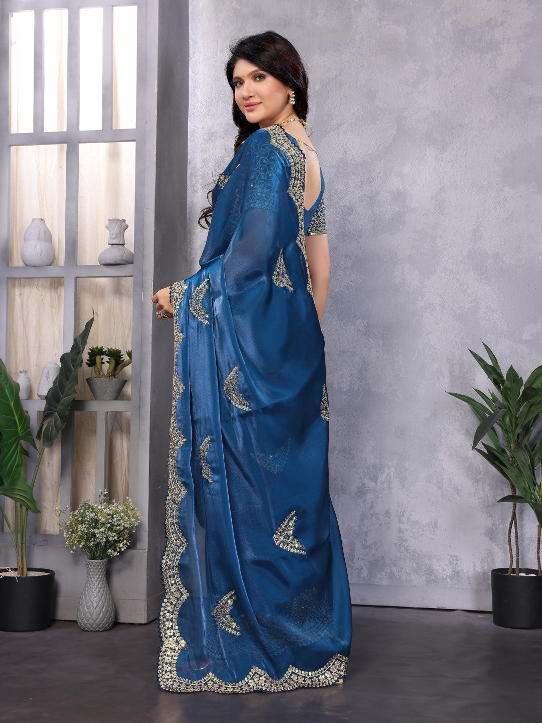 Blue Fancy Shimmer Chiffon Saree With Embroidery Work
