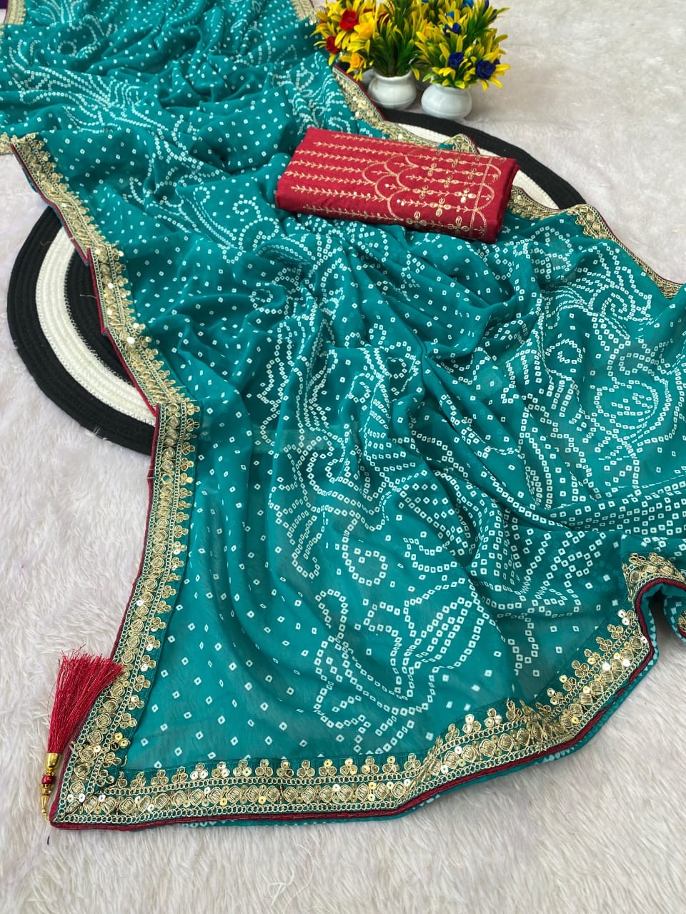 Firoji Color Georgette Bandhani Saree With Foil Print Work