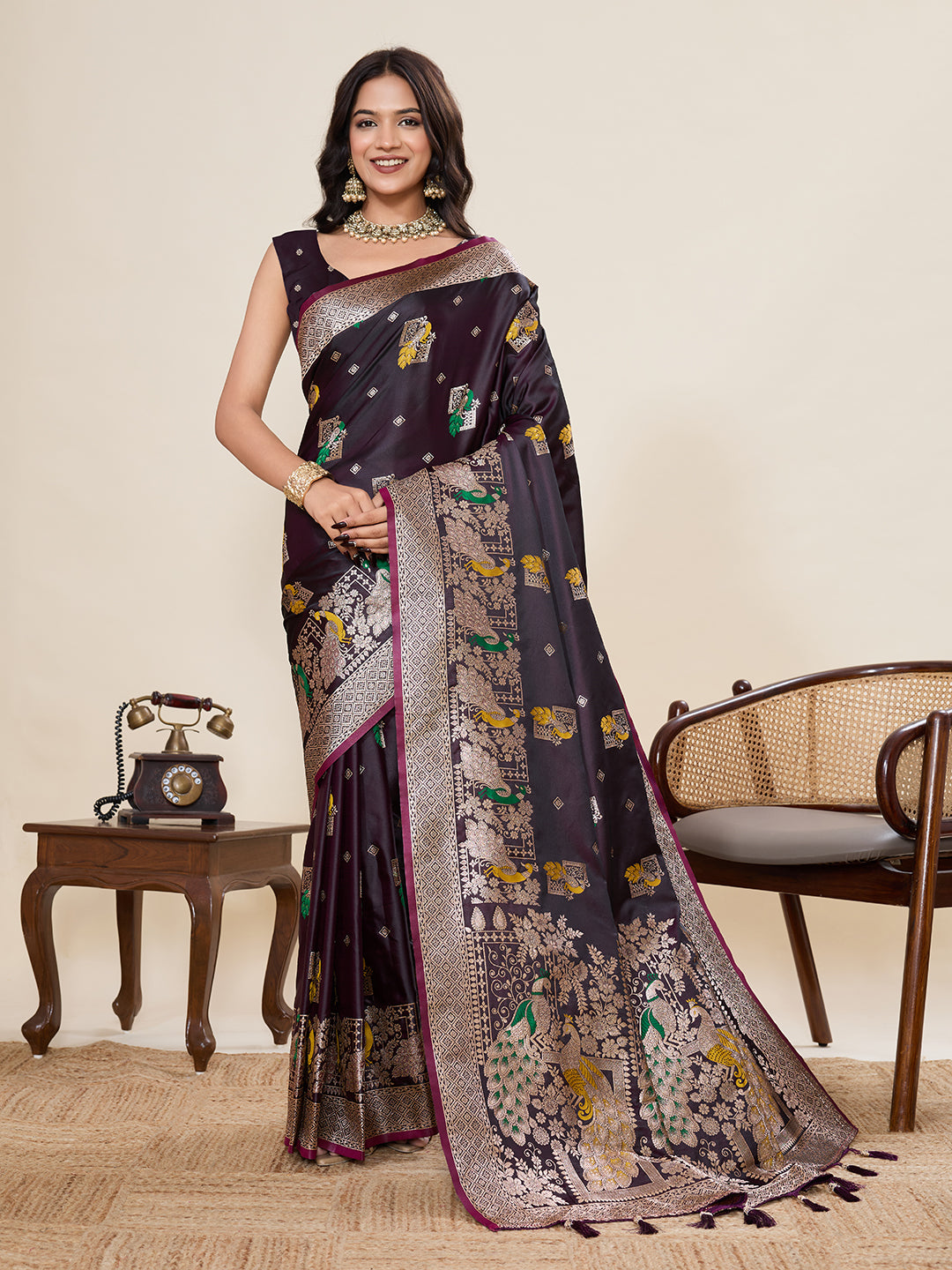 Wine Soft Satin Silk Saree With Zari Weaving Work And Paithani Pallu