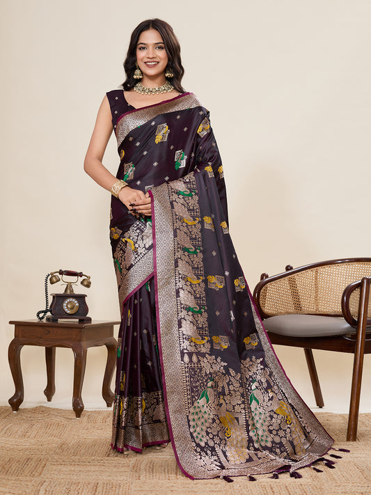 Wine Soft Satin Silk Saree With Zari Weaving Work And Paithani Pallu