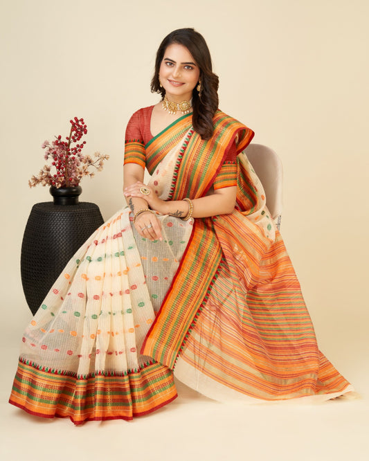 Off White Color Kota Doriya Saree With Zari Weaving Work
