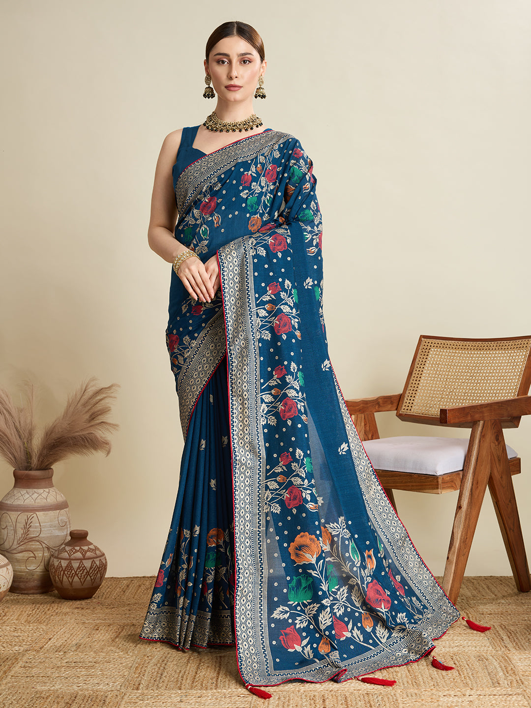Navy Blue Cotton Saree With Table Printed And Foil Work With Pipeing Border