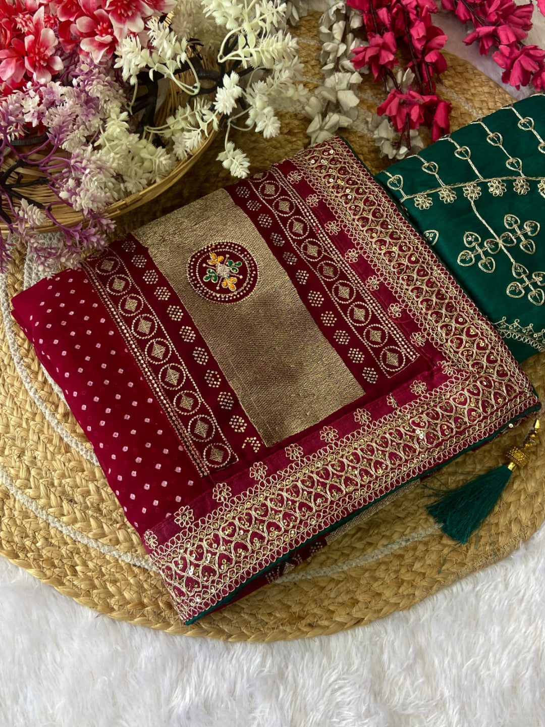 Pink Vichitra Silk Saree With Khadi Bandhej Heavy Pallu With Hotpcs C Pallu Work