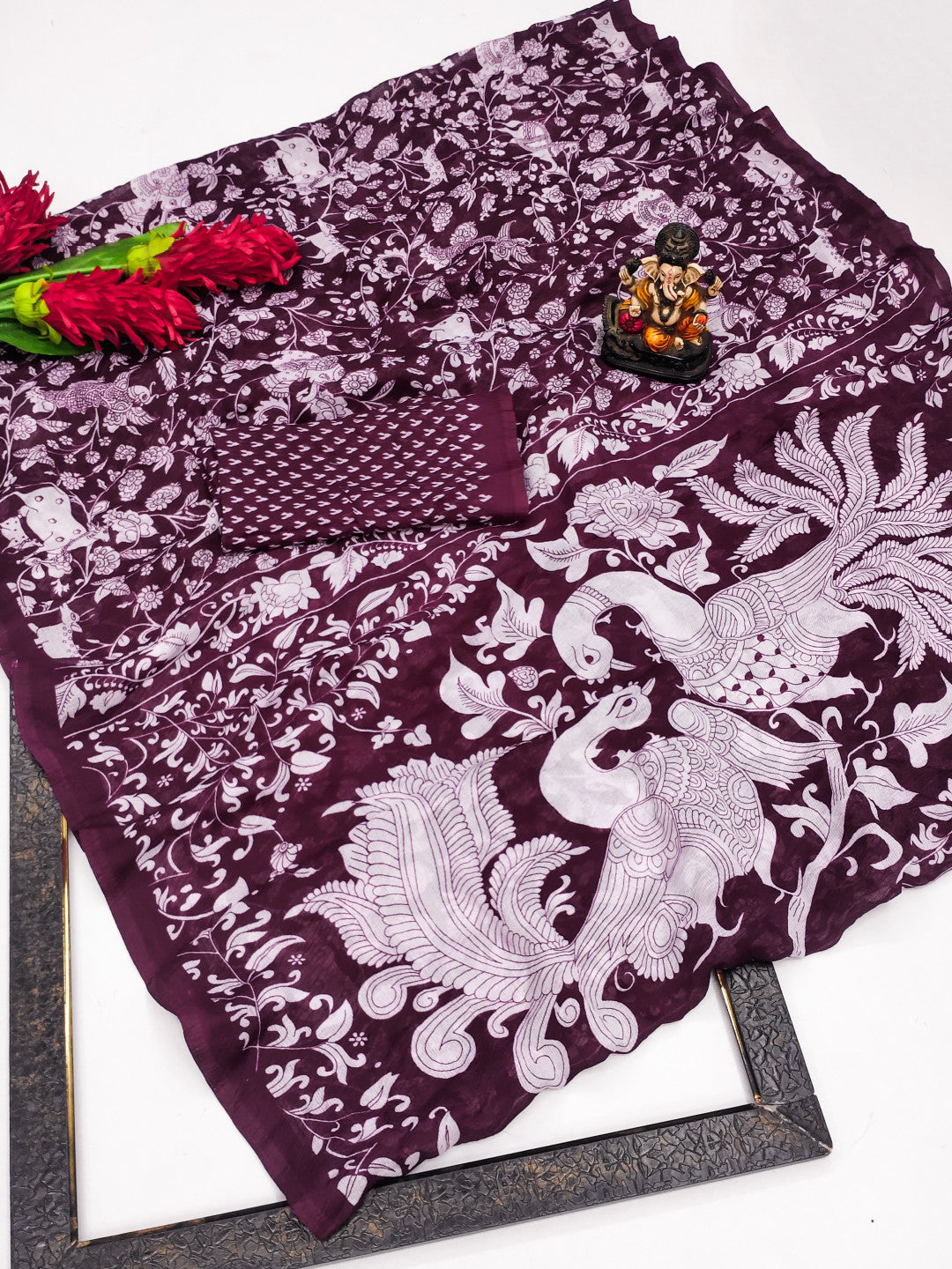 Wine Soft Crush Chinnon Silk Saree With Allover Kalamkari Printed Design