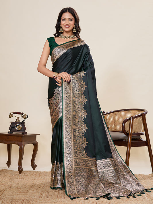 Green Soft Satin Silk Saree With Gala Border And Zari Weaving Work