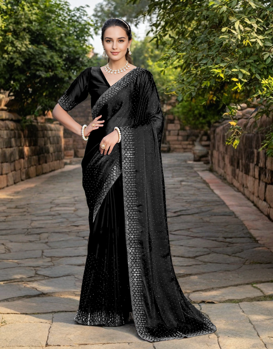 Fancy Black Rangoli Silk Saree With Diamond Work