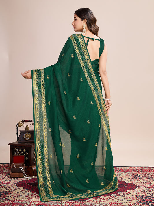 Fancy Green Soft Vichitra Silk Saree With Embroidery Work