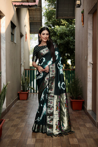 Green Color Soft Dola Silk Saree With Shibori Print & Zari Weaving Work