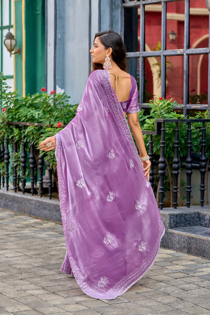 Lavender Fancy Shimmer Chiffon Saree With Embroidery Work