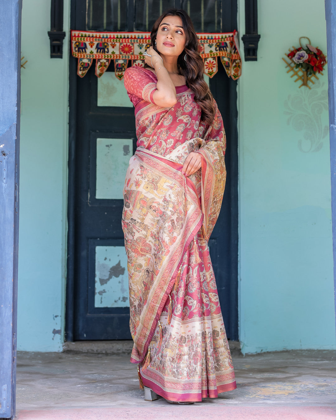 Kalamkari Digital Printed Linen Cotton Saree