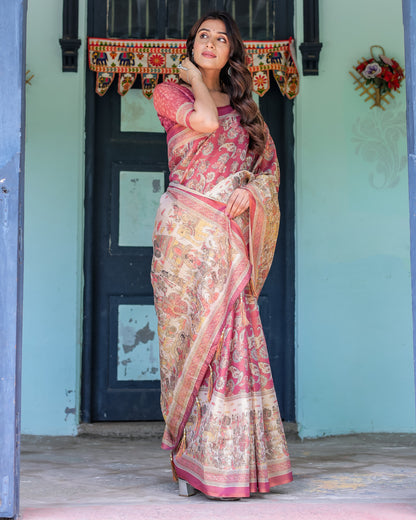 Kalamkari Digital Printed Linen Cotton Saree