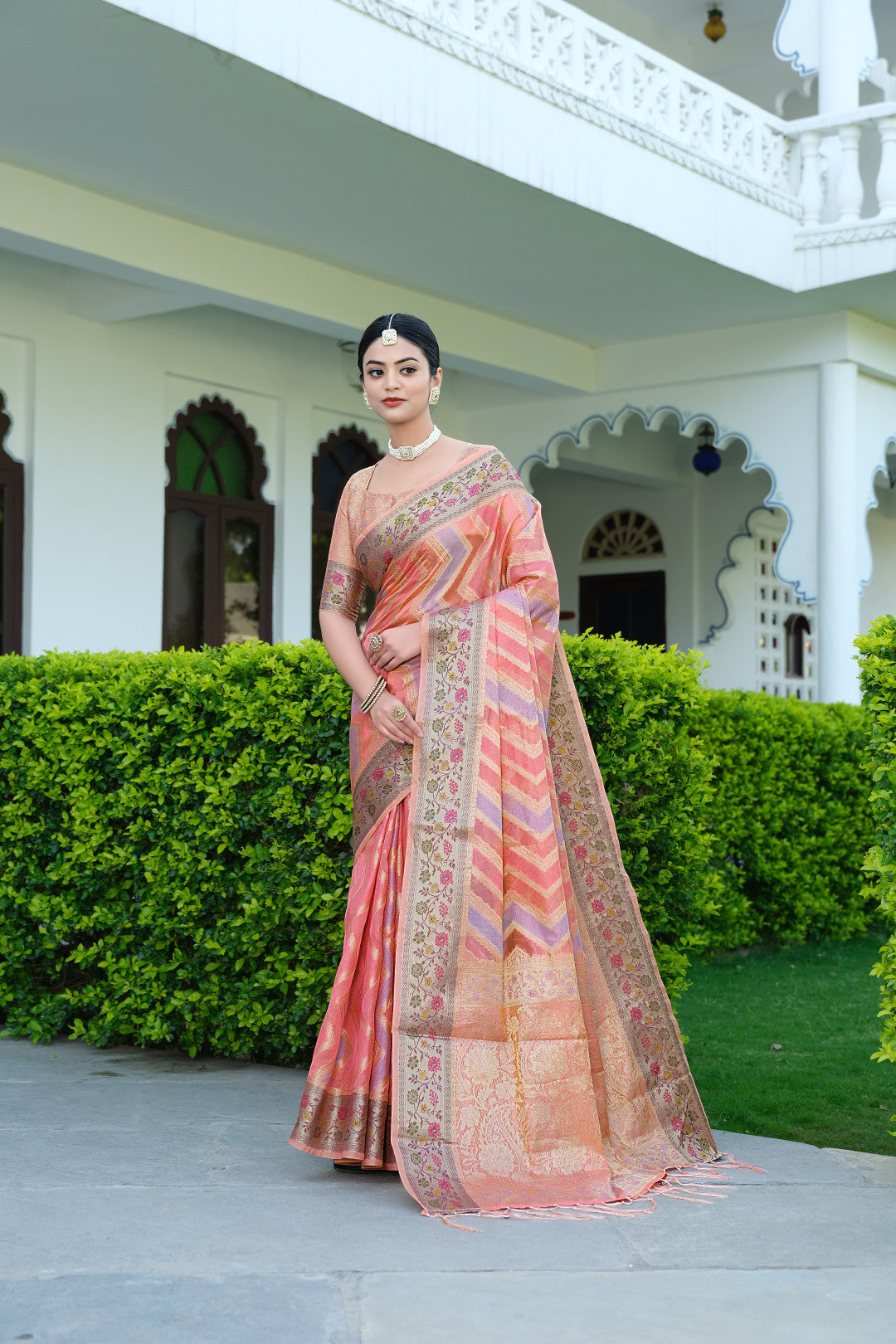 Pink Color Soft Organza Silk Saree With Zari Weaving Work