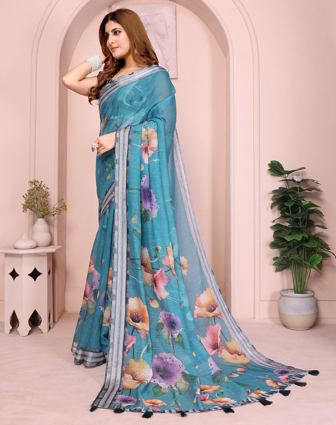 Blue Linen Cotton Saree With Digital Printed Work And Silver Zari Border