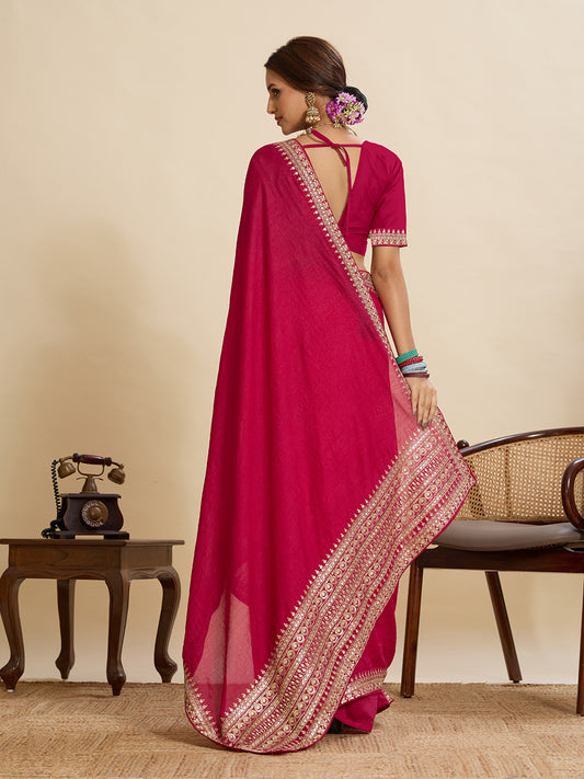 Rani Pink Soft Vichitra Silk Saree With Embroidery Work