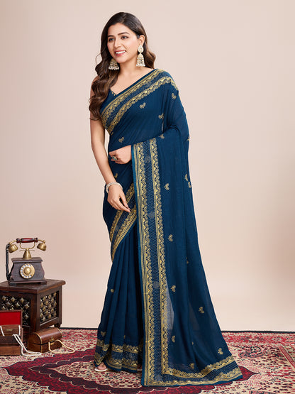 Fancy Blue Soft Vichitra Silk Saree With Embroidery Work