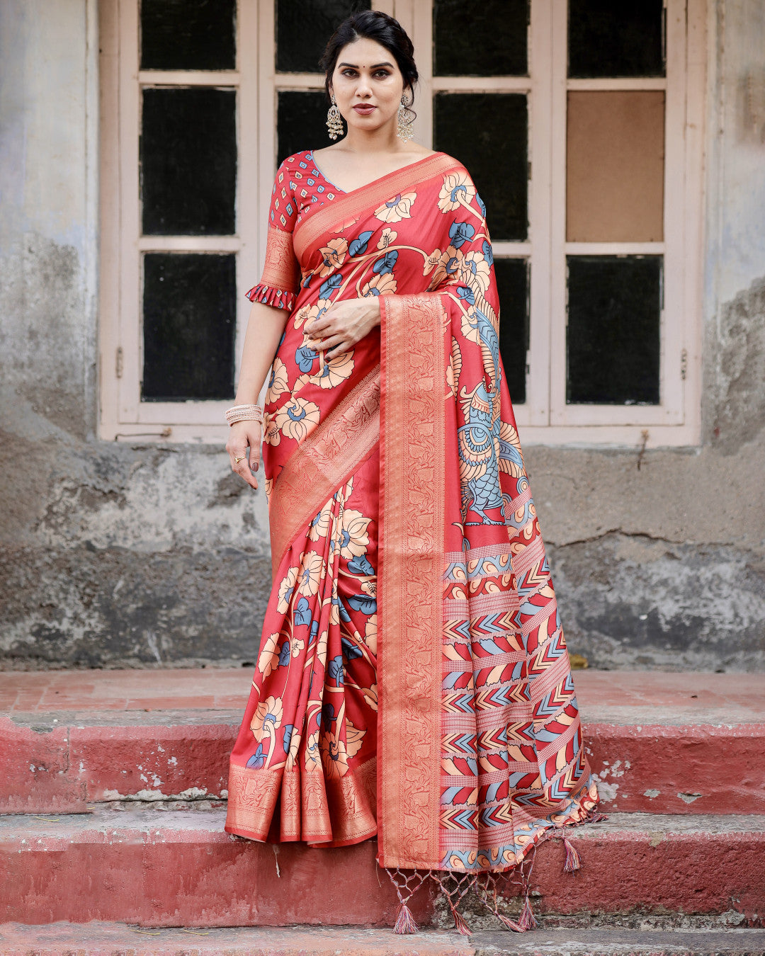 Red Digital Kalamkari Printed Tussar Silk Saree With Zari Motif Border