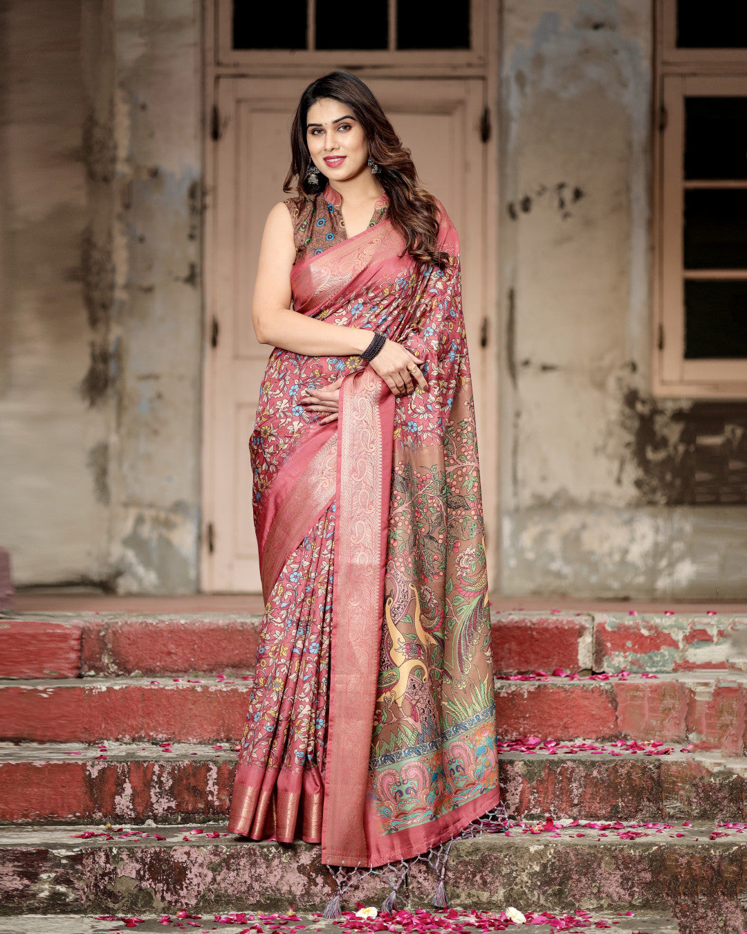 Multi Kalamkari Digital Printed Dola Silk Saree With Gold Zari Border