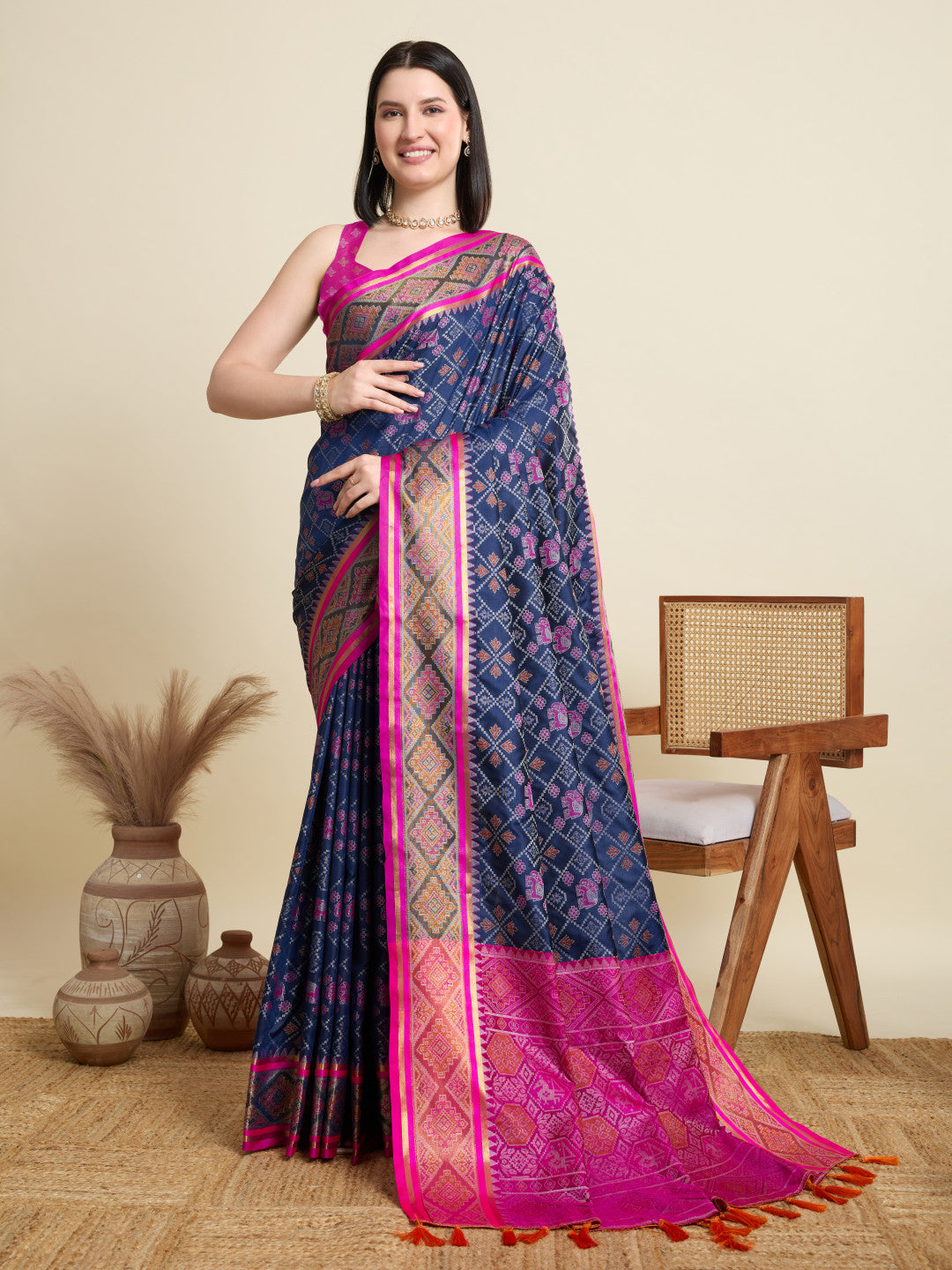 Navy Blue Traditional Patola Silk Saree With Weaving Work