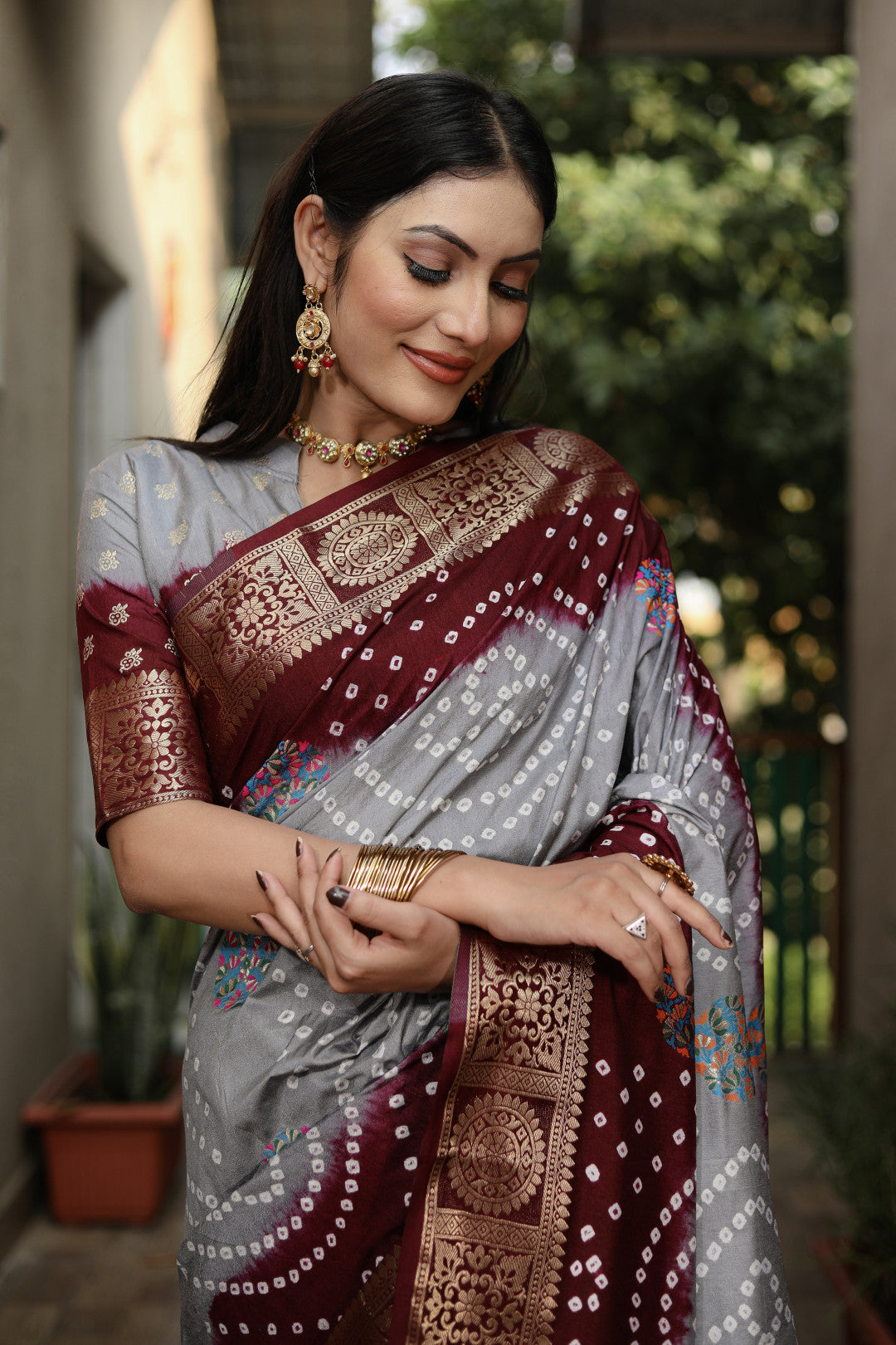 Multi Color Soft Bandhej Silk Saree With Zari Weaving Work
