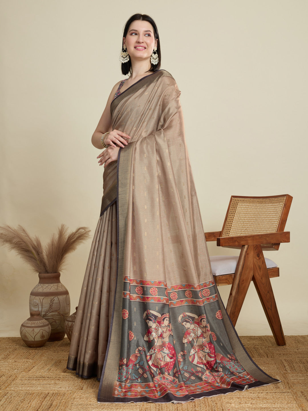 Beige Soft Cotton Saree With Kalamkari Digital Printed Pallu & Zari Border