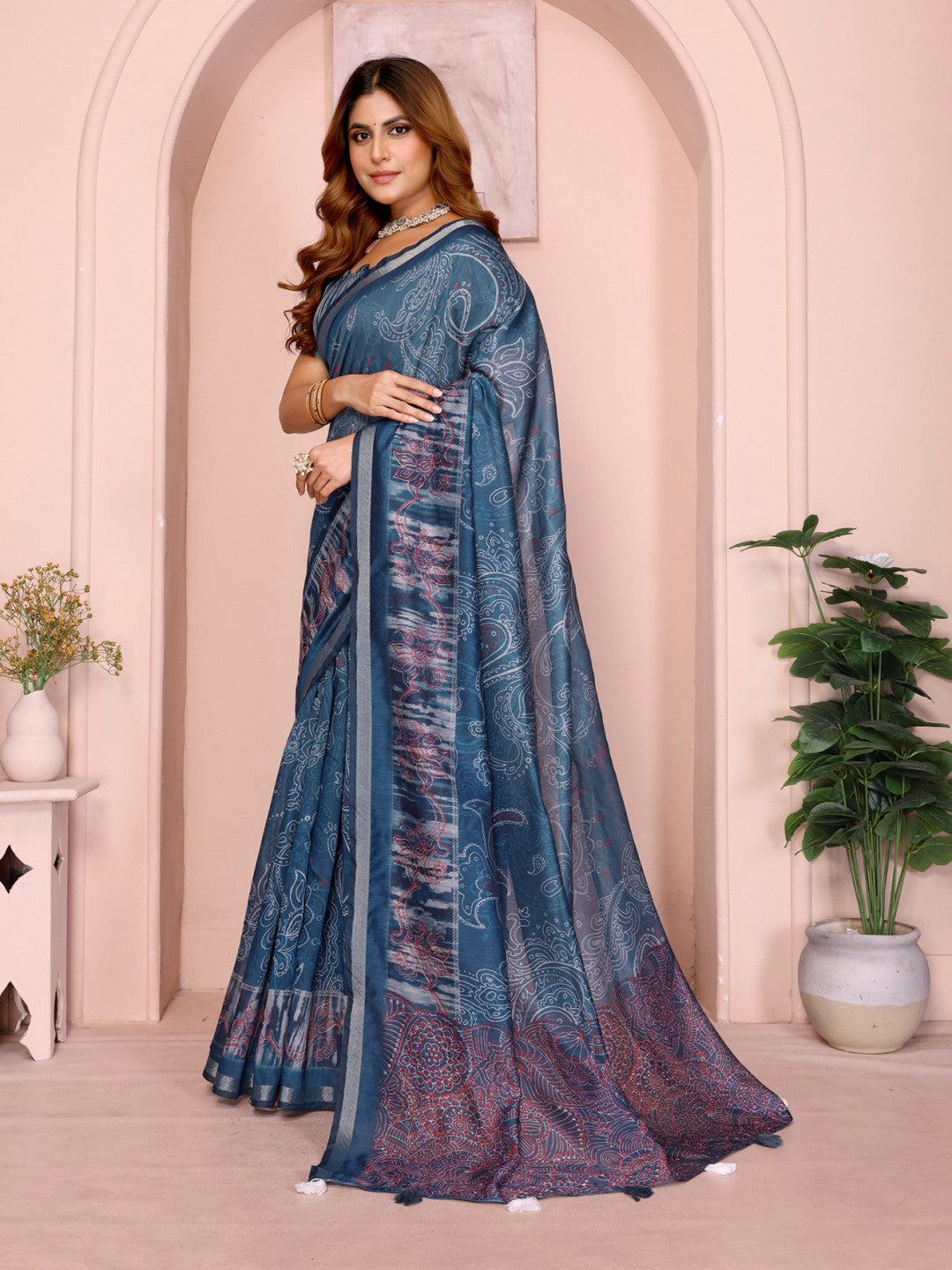 Blue Colour Chanderi Cotton Saree With Digital Printed Work