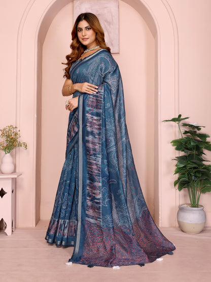 Blue Colour Chanderi Cotton Saree With Digital Printed Work