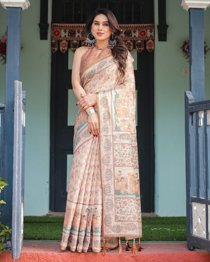 Soft Linen Cotton Saree With Kalamkari Printed Work