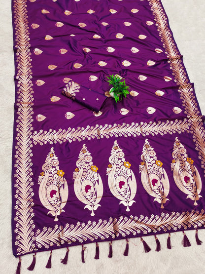 Purple Traditional Banarasi Silk Saree With Zari Weaving Work