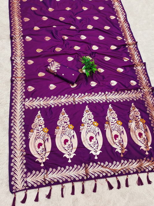 Purple Traditional Banarasi Silk Saree With Zari Weaving Work