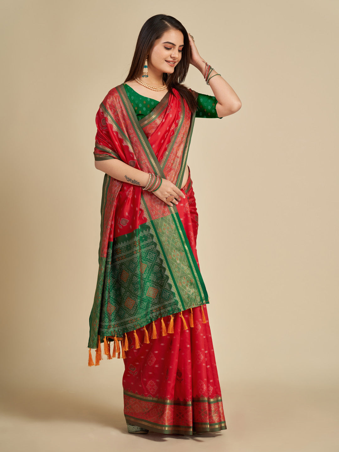 Red Color Patola Silk Saree With Weaving Work