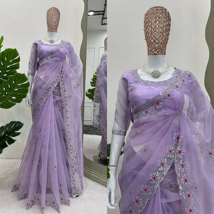 Lavender Organza Silk Saree With Sequence Embroidery Work And Arco Cut Border With Readymade Blouse
