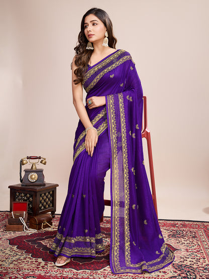 Fancy Purple Soft Vichitra Silk Saree With Embroidery Work