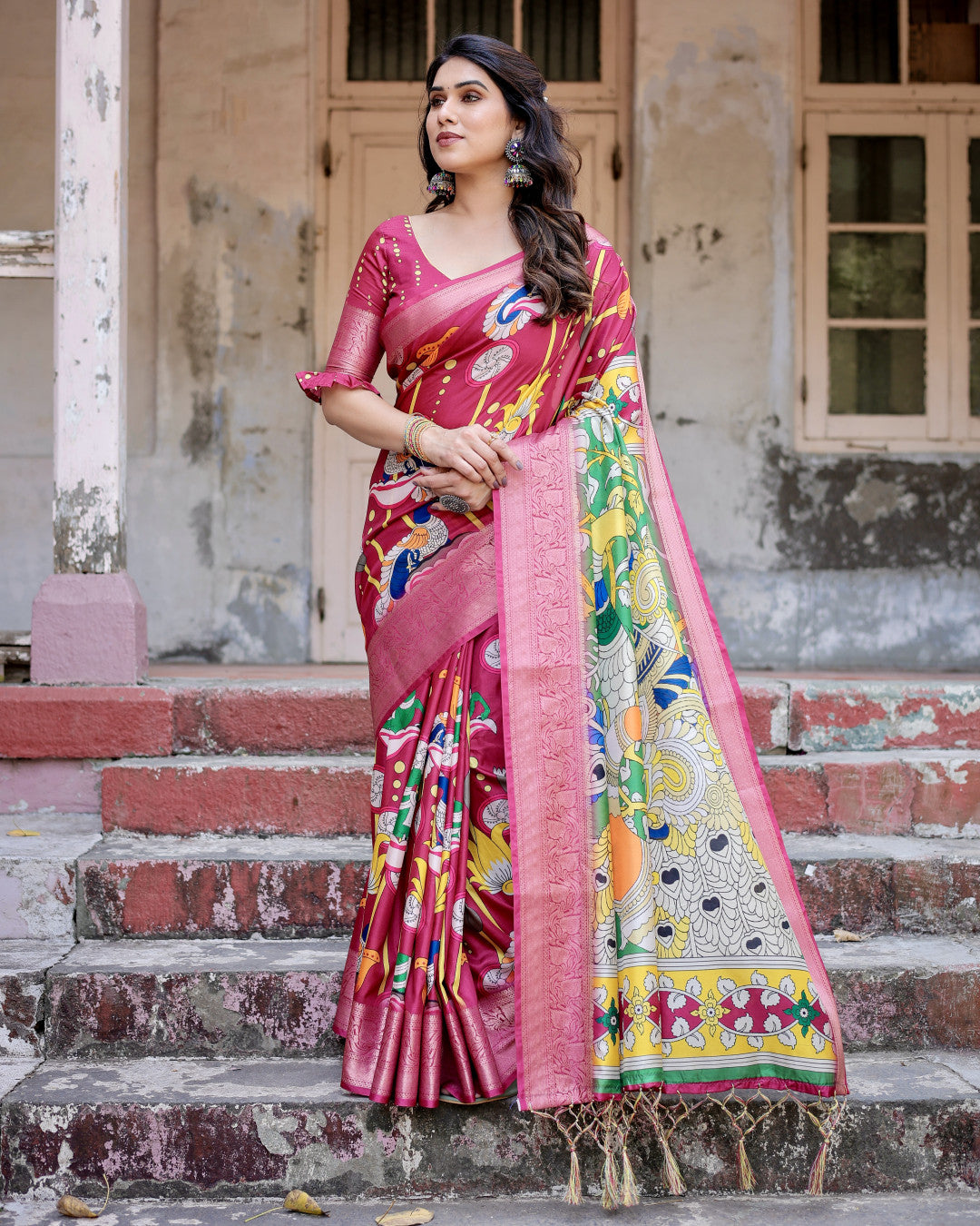 Pink Kalamkari Digital Printed Tussar Silk Saree With Zari Motif Border