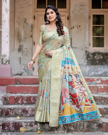 Pista Green Kalamakari Digital Printed Tussar Silk Saree With Zari Motif Border