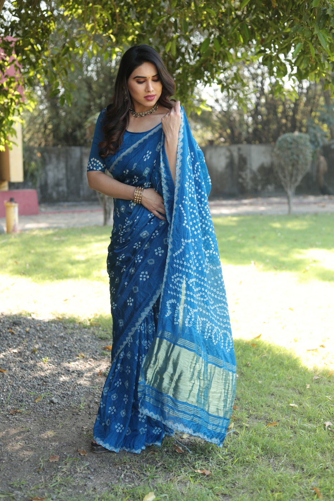 Firoji Color Bandhej Silk Saree With Printed Work