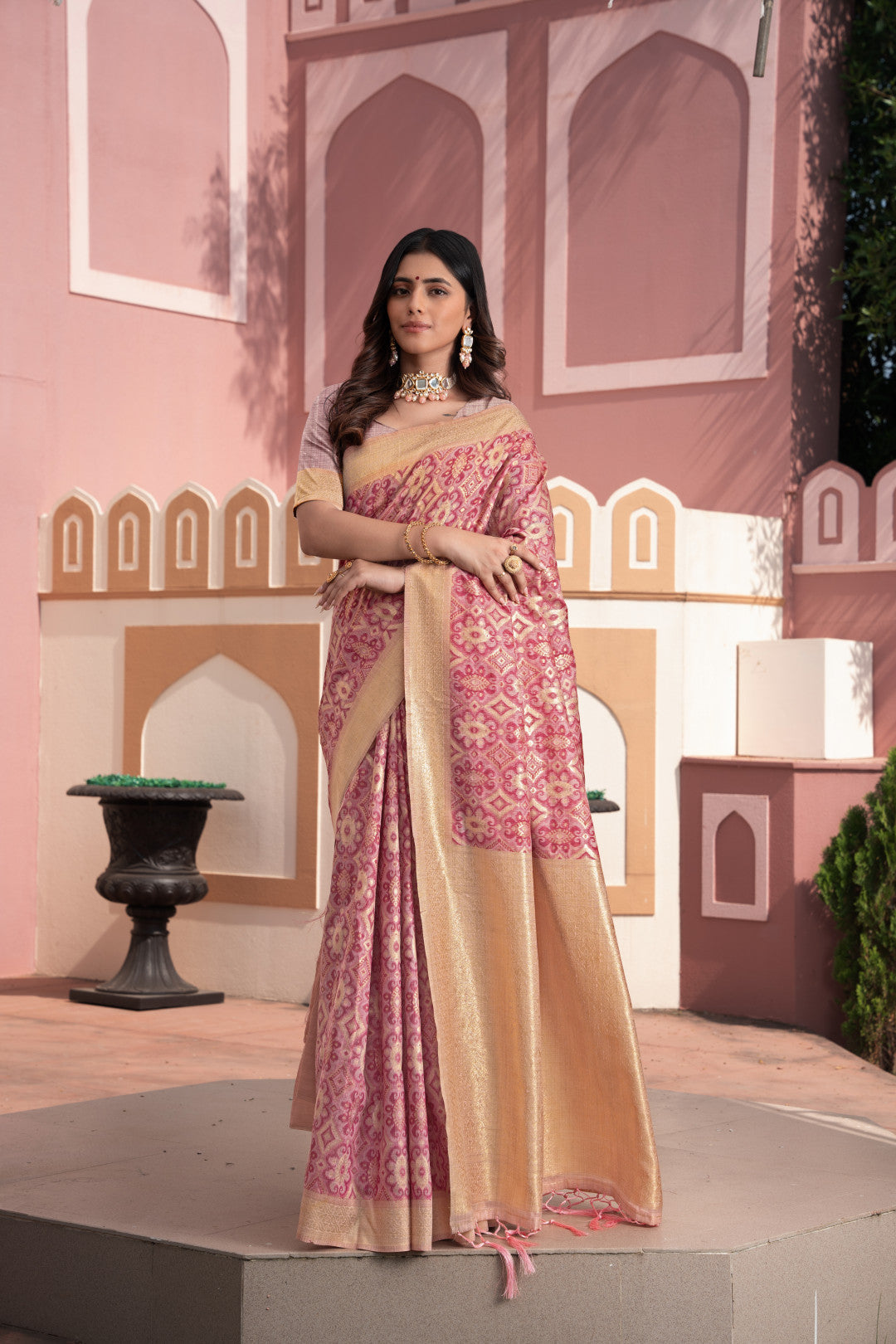 Pink Cotton Ikkat Silk Saree With Zari Woven Work