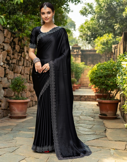 Black Rangoli Silk Saree With Beautiful Siroski Work