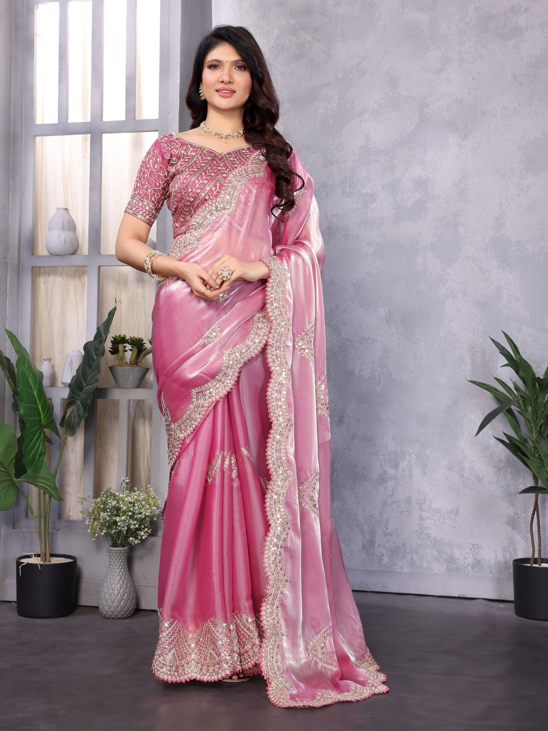 Baby Pink Fancy Shimmer Chiffon Saree With Embroidery Work