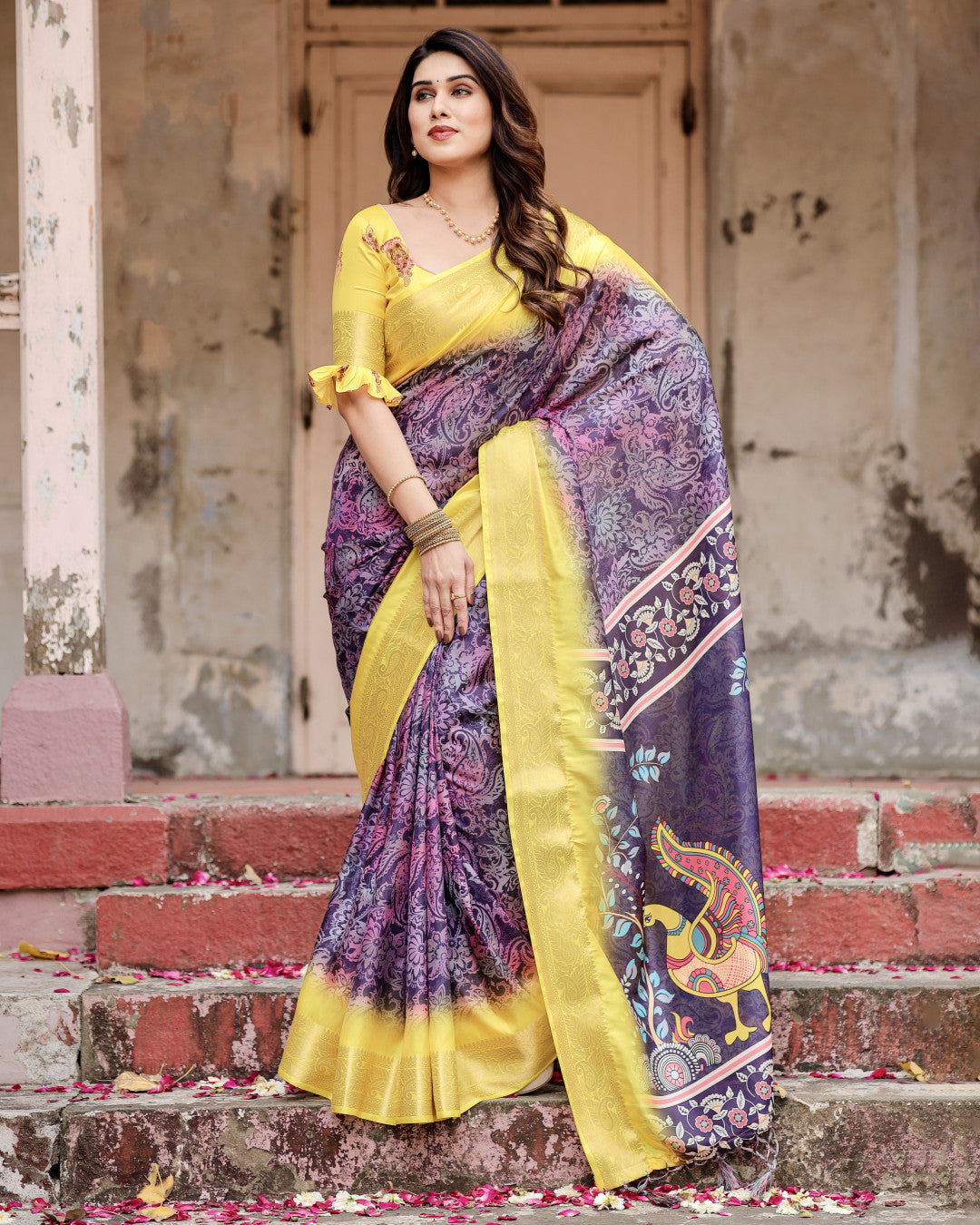 Magenta Kalamkari Digital Printed Dola Silk Saree With Gold Zari Border