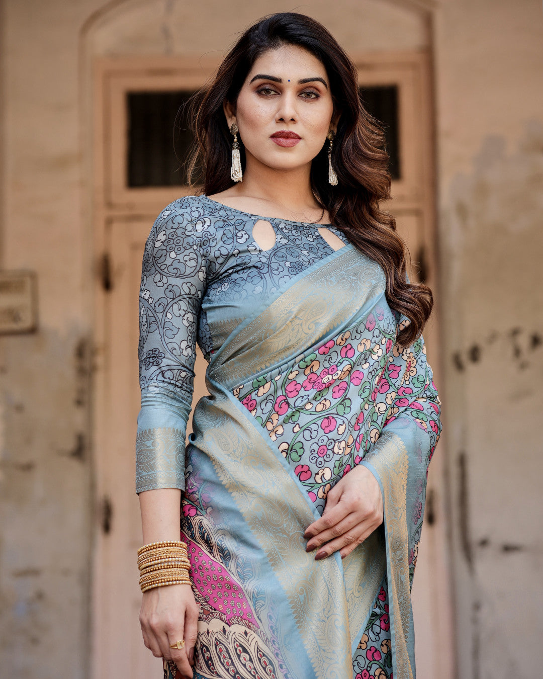 Multi Kalamkari Digital Printed Dola Silk Saree With Gold Zari Border