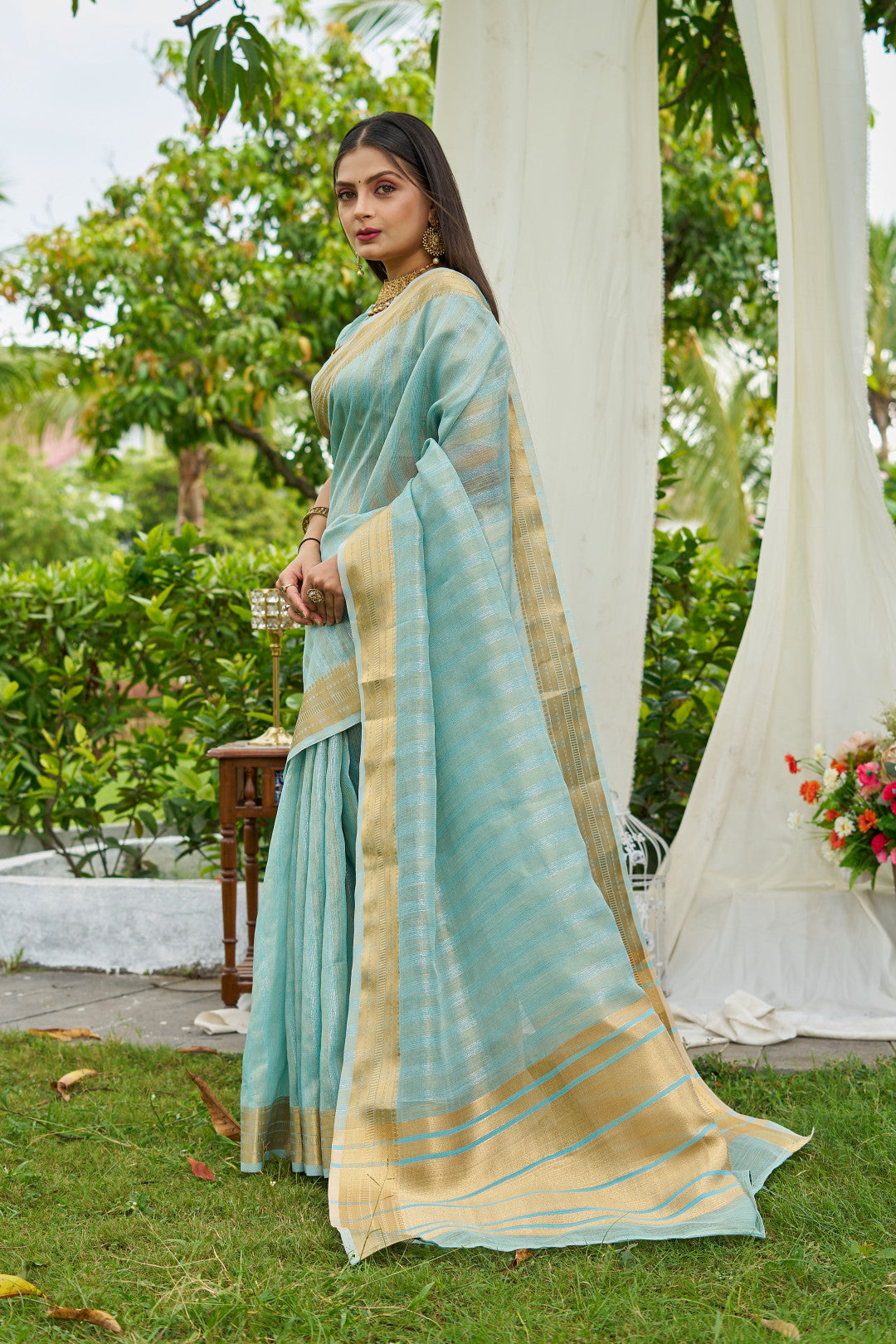 Sky Blue Colour Linen Cotton Saree With Zari Weaving Border