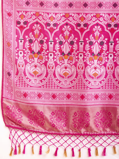 Pink Traditional Muslin Dola Silk Saree With Meenakari Zari Weaving Work