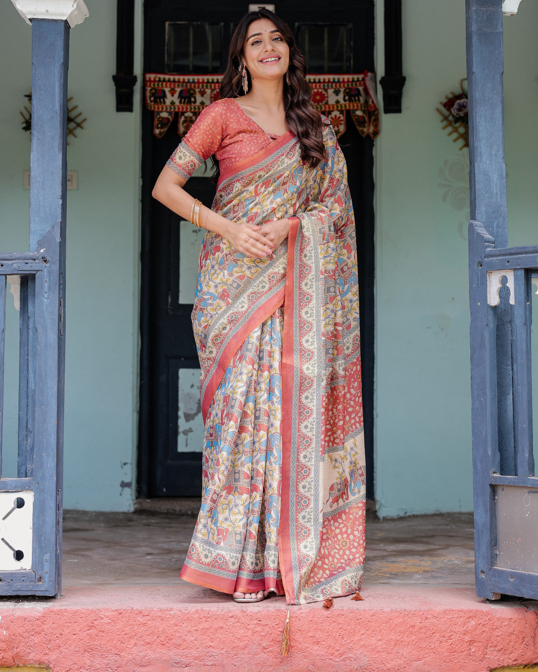Kalamkari Digital Printed Linen Cotton Saree