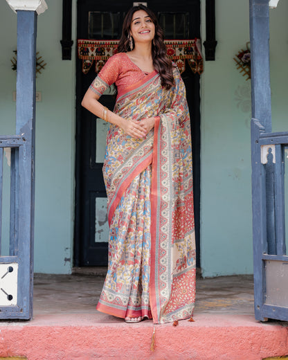 Kalamkari Digital Printed Linen Cotton Saree