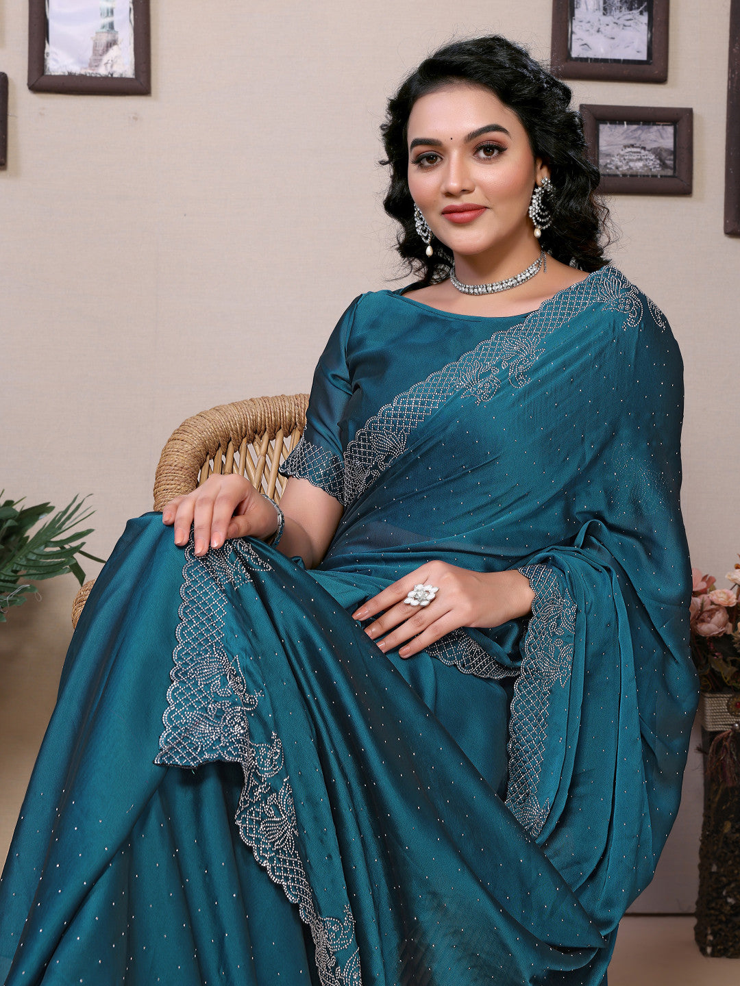 Fancy Firoji Rangoli Silk Saree With Diamond Work