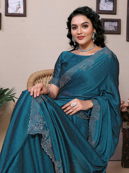 Fancy Firoji Rangoli Silk Saree With Diamond Work