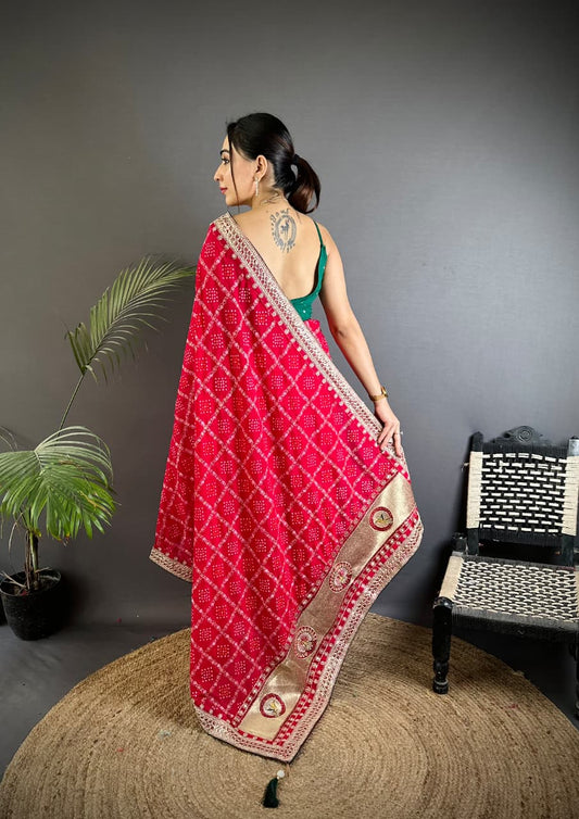 Rani Pink Traditional Blooming Vichitra Khadi Bandhej Silk Saree With Sequence Work