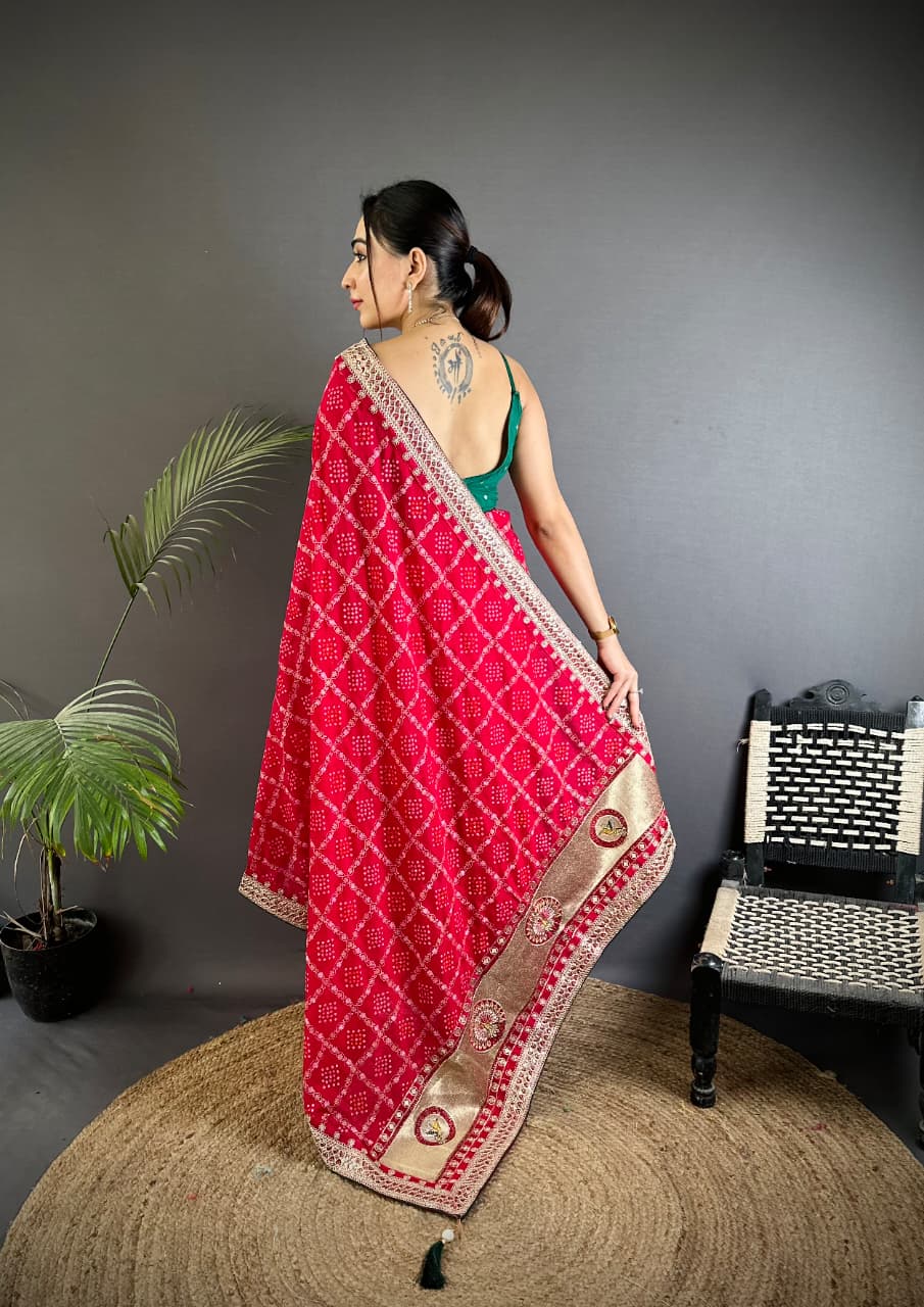 Rani Pink Traditional Blooming Vichitra Khadi Bandhej Silk Saree With Sequence Work