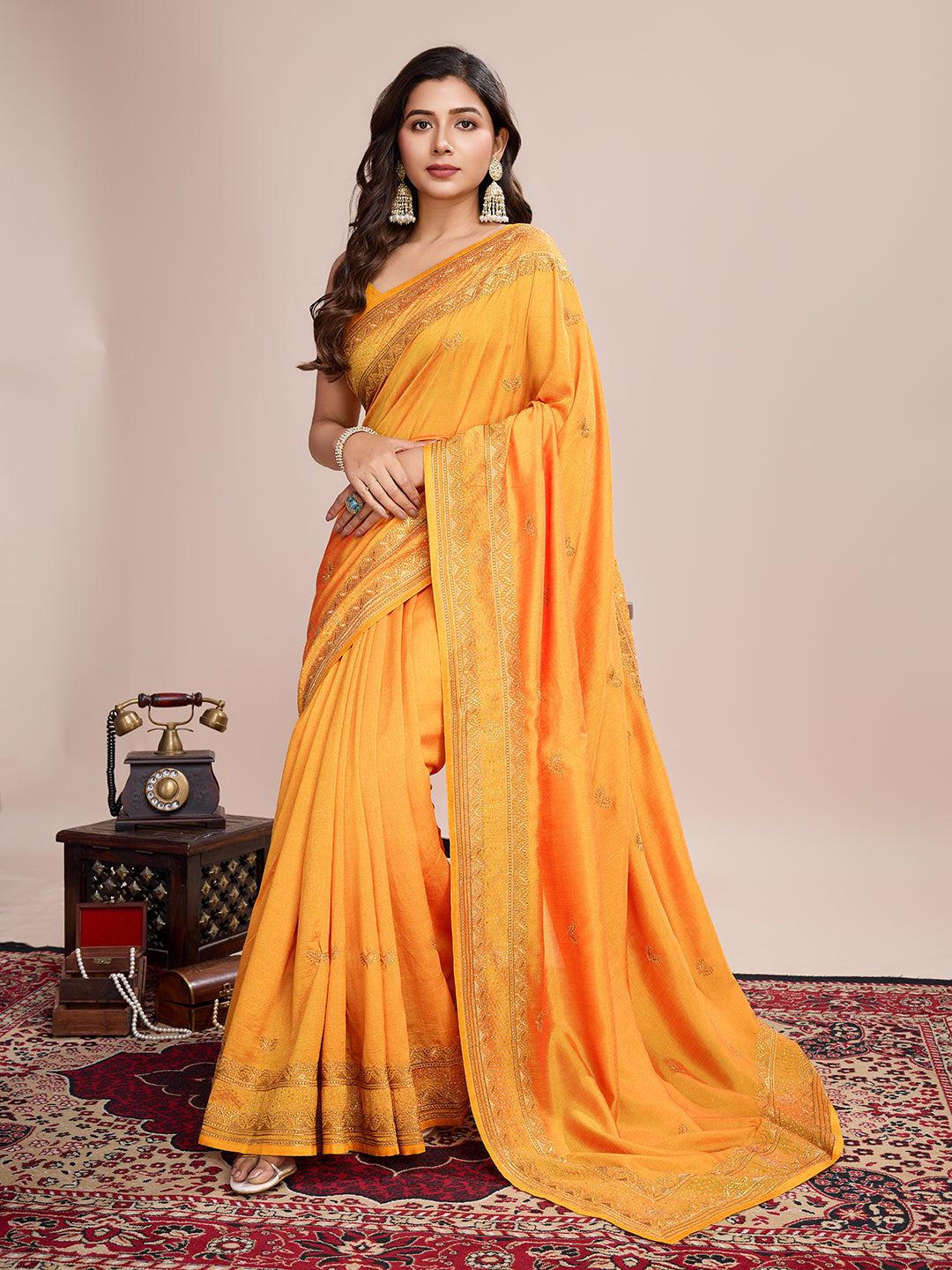 Fancy Yellow Soft Vichitra Silk Saree With Embroidery Work